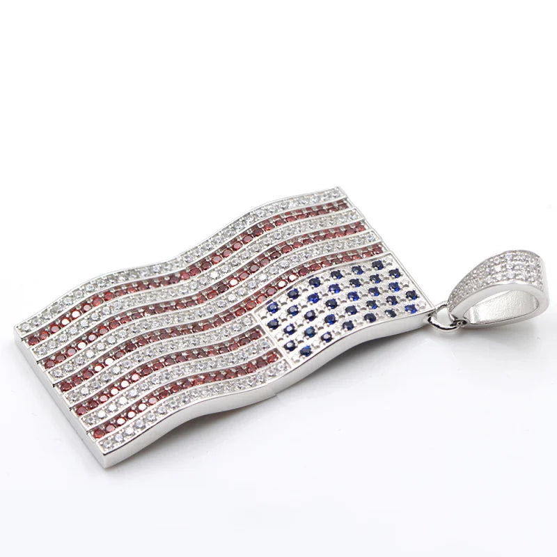 Charm America US Flag Gemstone Genuine Sterling Silver Necklace Pendant