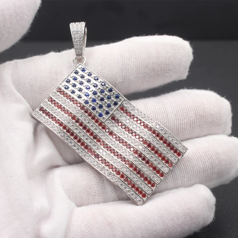 Charm America US Flag Gemstone Genuine Sterling Silver Necklace Pendant