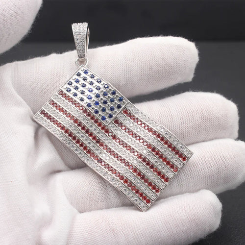 Charm America US Flag Gemstone Genuine Sterling Silver Necklace Pendant