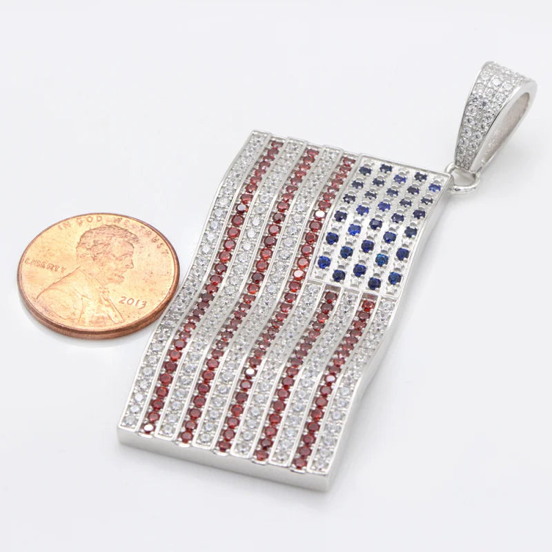 Charm America US Flag Gemstone Genuine Sterling Silver Necklace Pendant