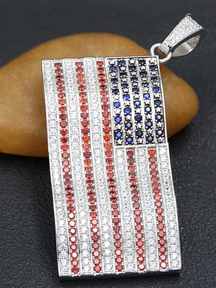 Charm America US Flag Gemstone Genuine Sterling Silver Necklace Pendant