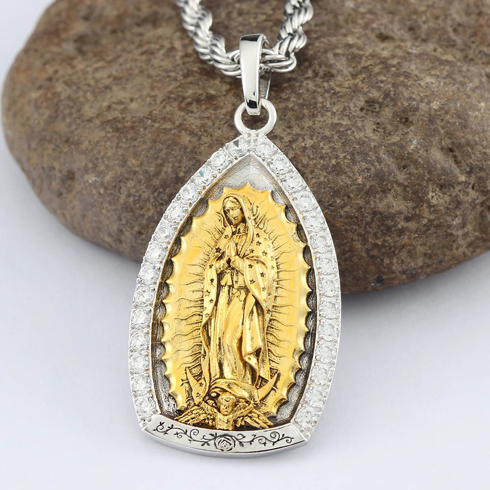 Two-tone Virgin Guadalea Mary Paved Stones 925 Silver Pendant
