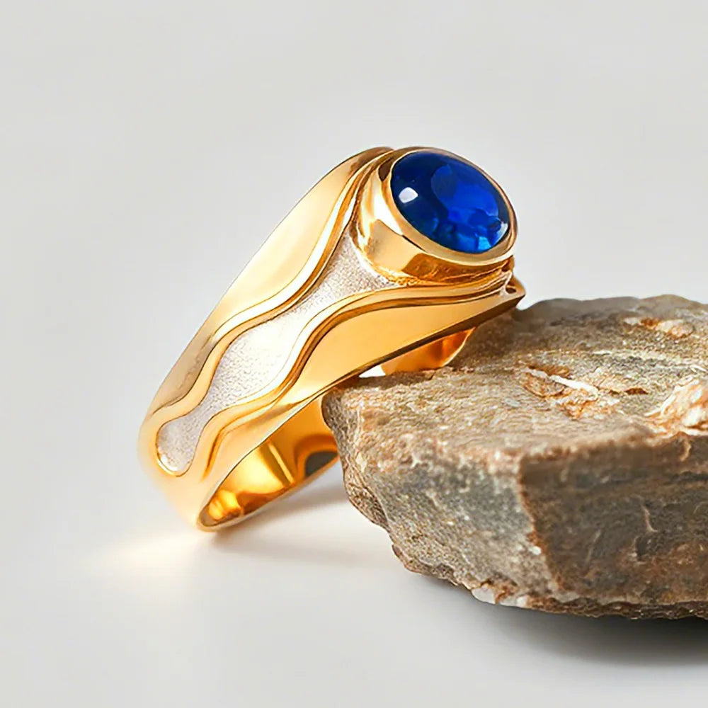 Elven Vilya Air Lord Ring Solid Gold Blue Sapphire Elf Wave Band  Anniversary Sterling Silver Rings