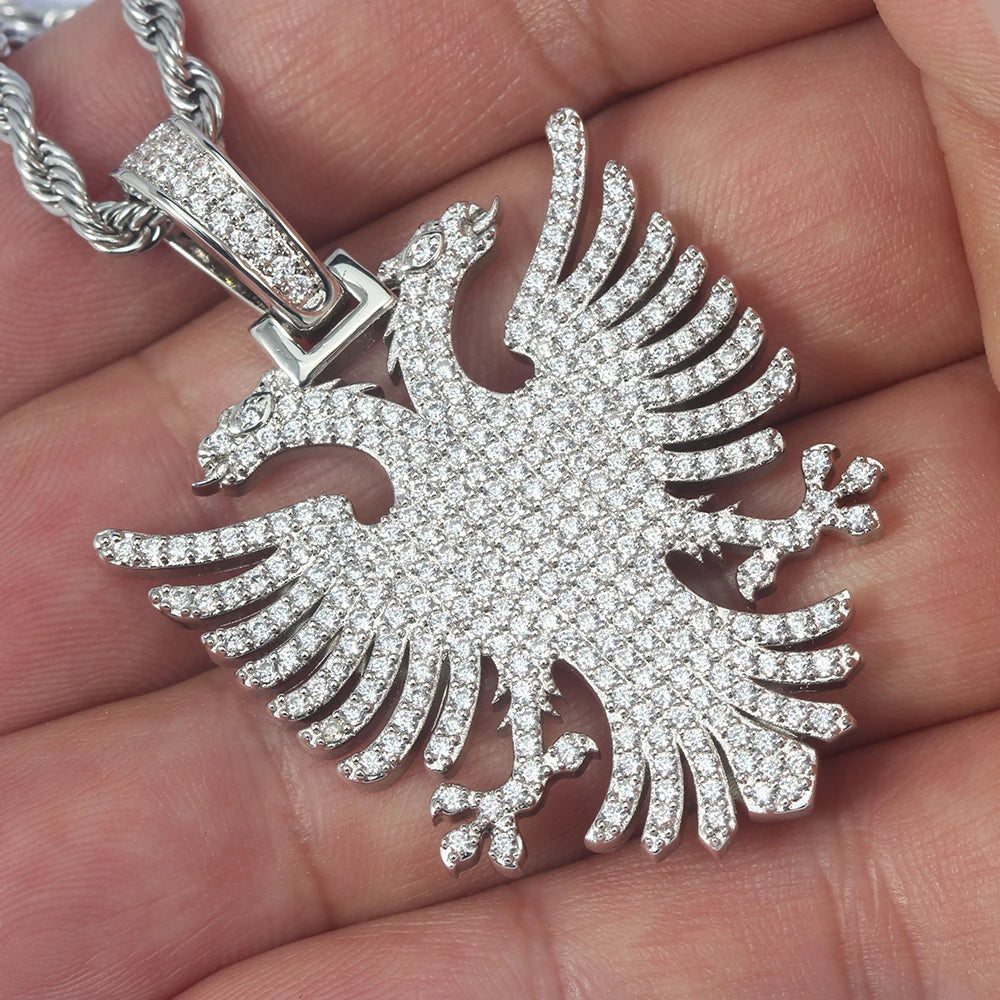 Albanian Double Headed Eagle Byzantine Iced Pave Stone Sterling Silver Necklace Pendant
