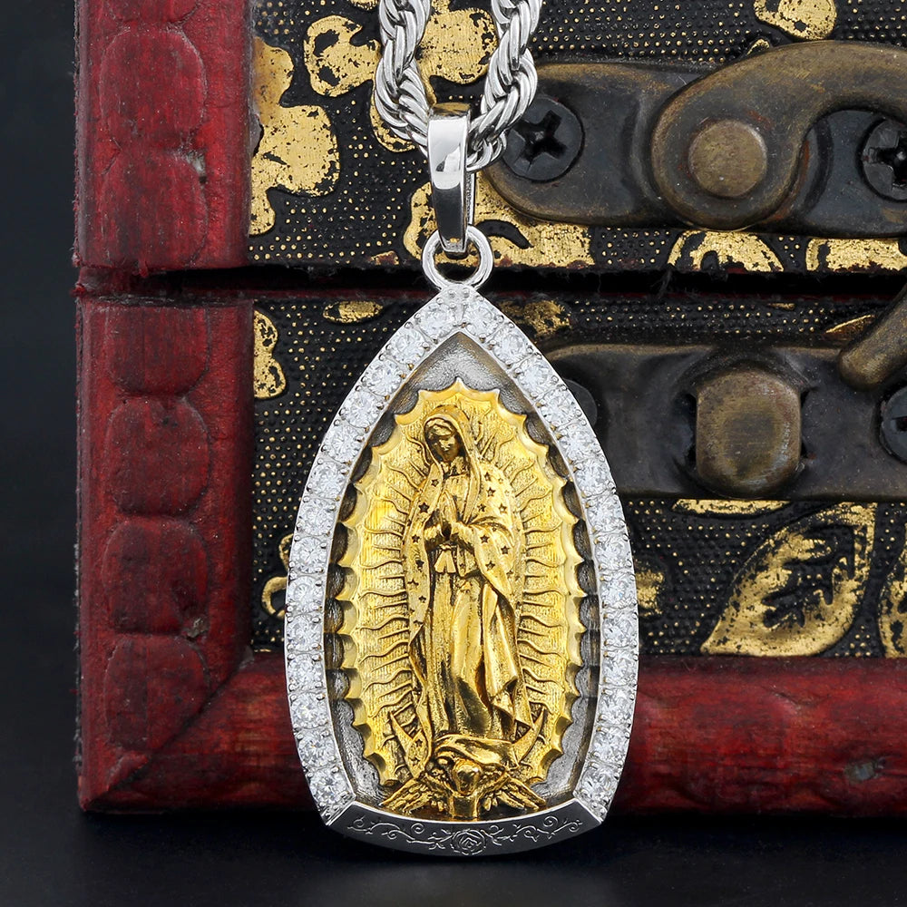 Two-tone Virgin Guadalea Mary Paved Stones 925 Silver Pendant