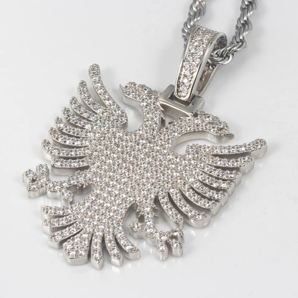 Albanian Double Headed Eagle Byzantine Iced Pave Stone Sterling Silver Necklace Pendant