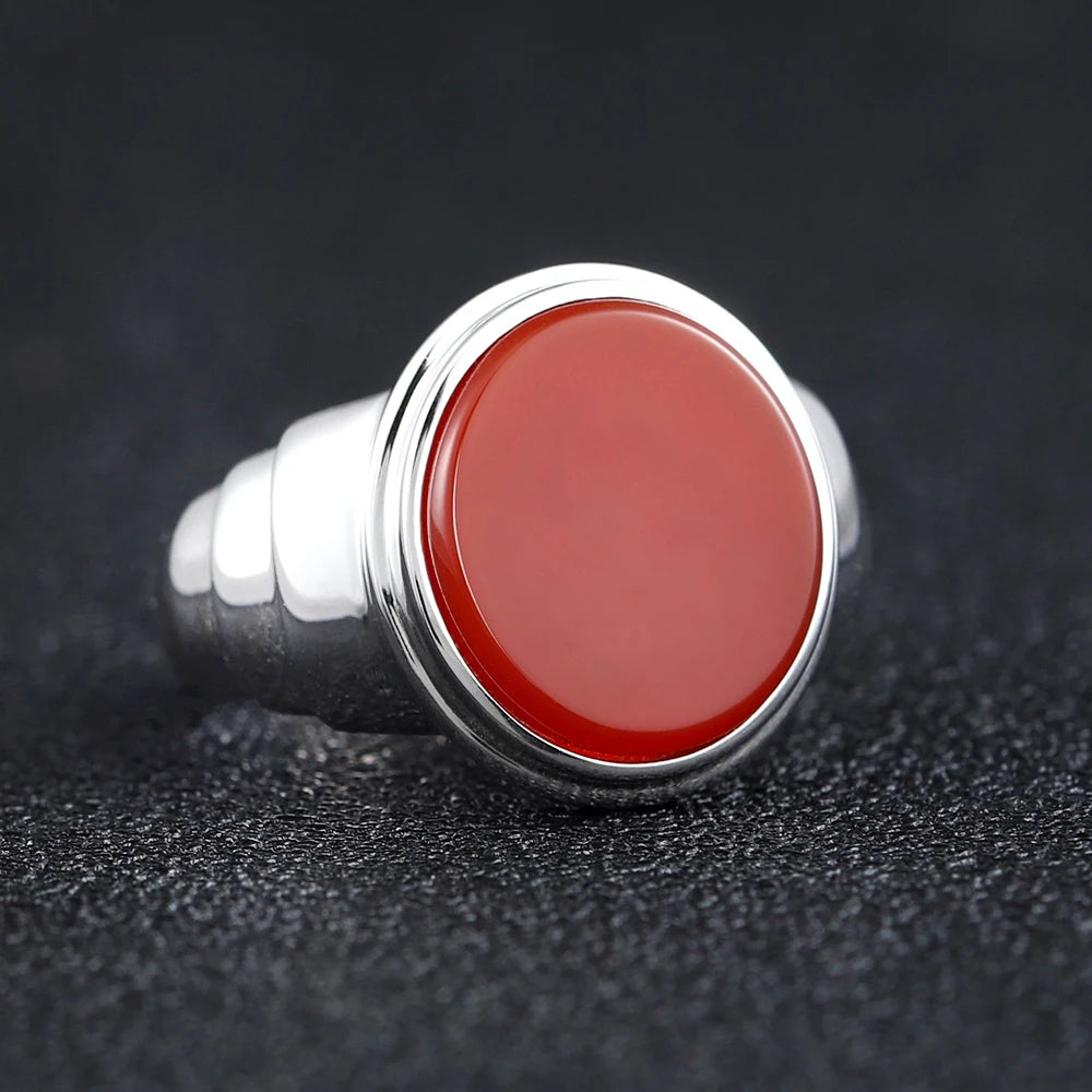 Minimalist Classic Business-men Smooth Red Black Agate Overlapped Ring Silver Ring