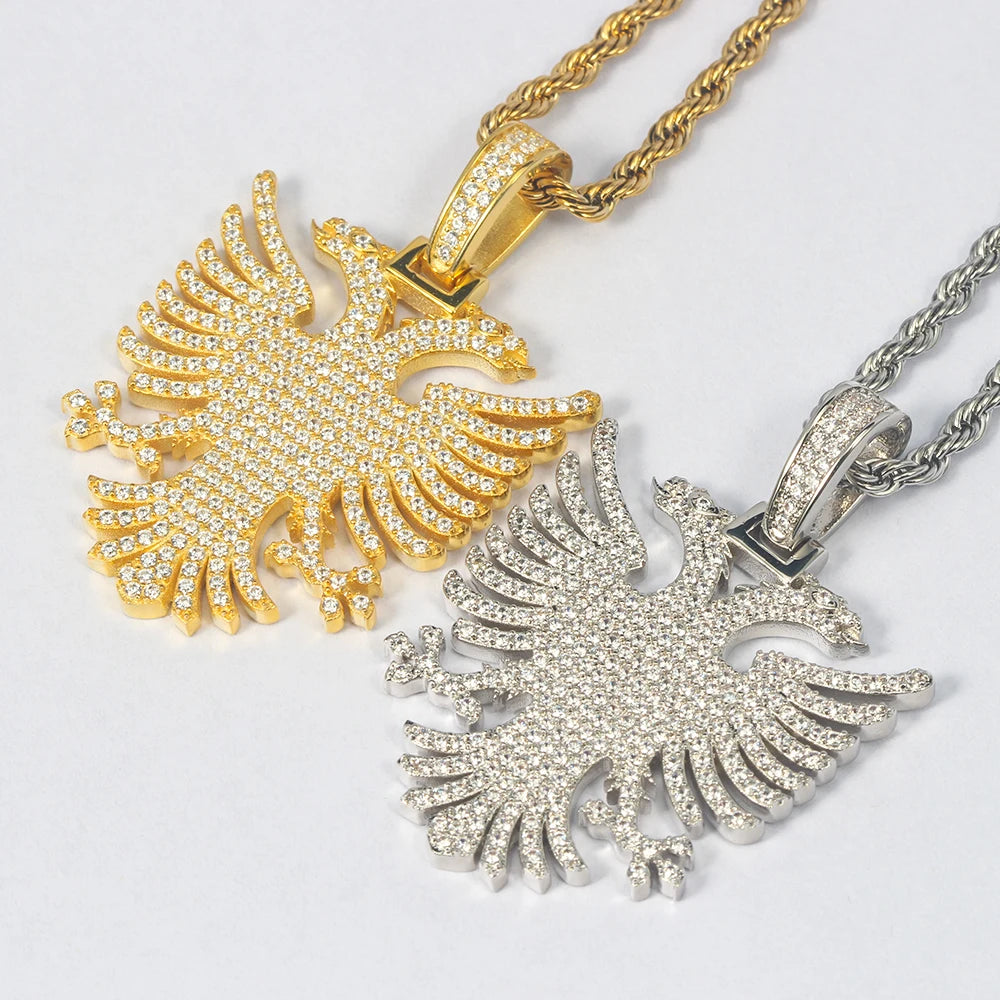 Albanian Double Headed Eagle Byzantine Iced Pave Stone Sterling Silver Necklace Pendant