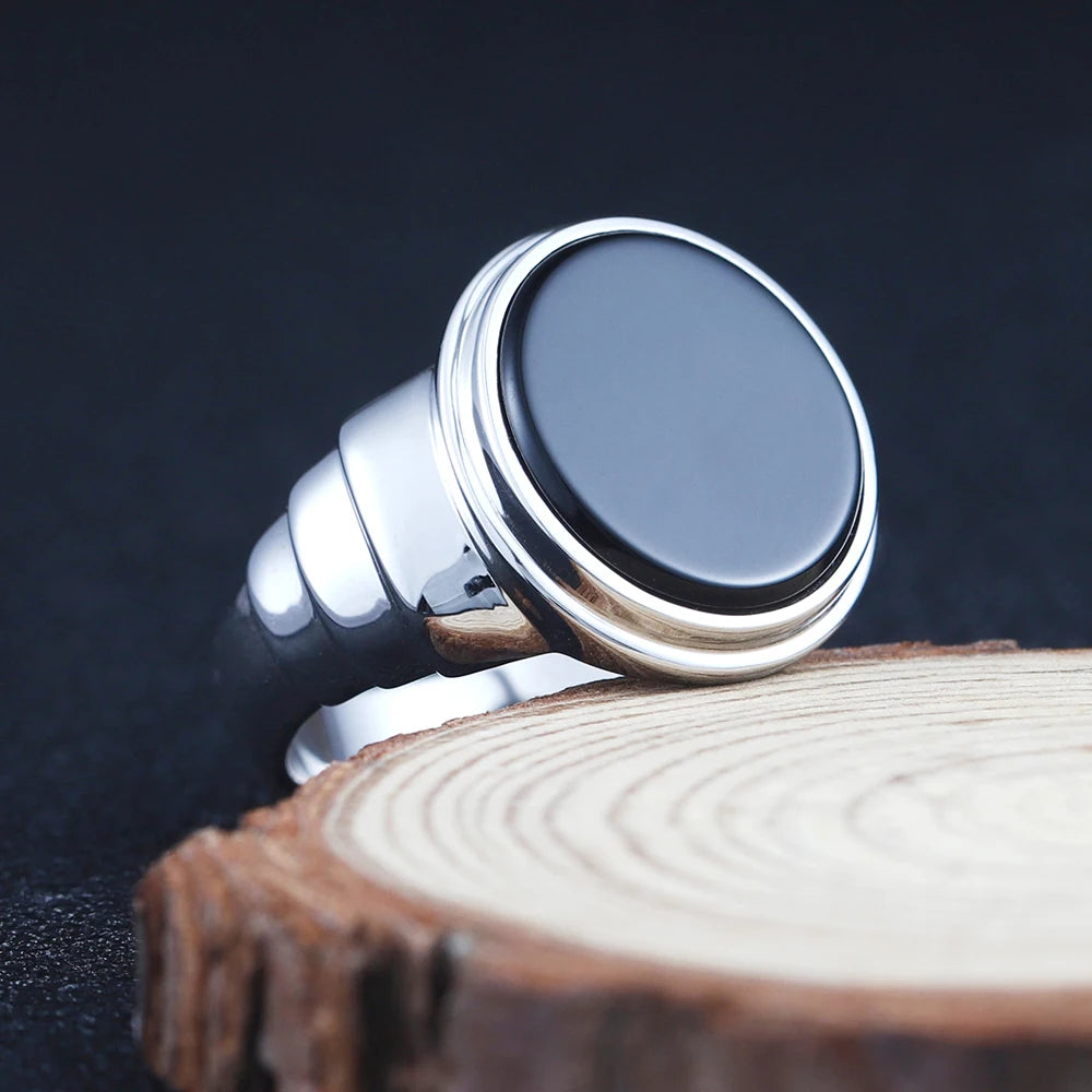 Minimalist Classic Business-men Smooth Red Black Agate Overlapped Ring Silver Ring