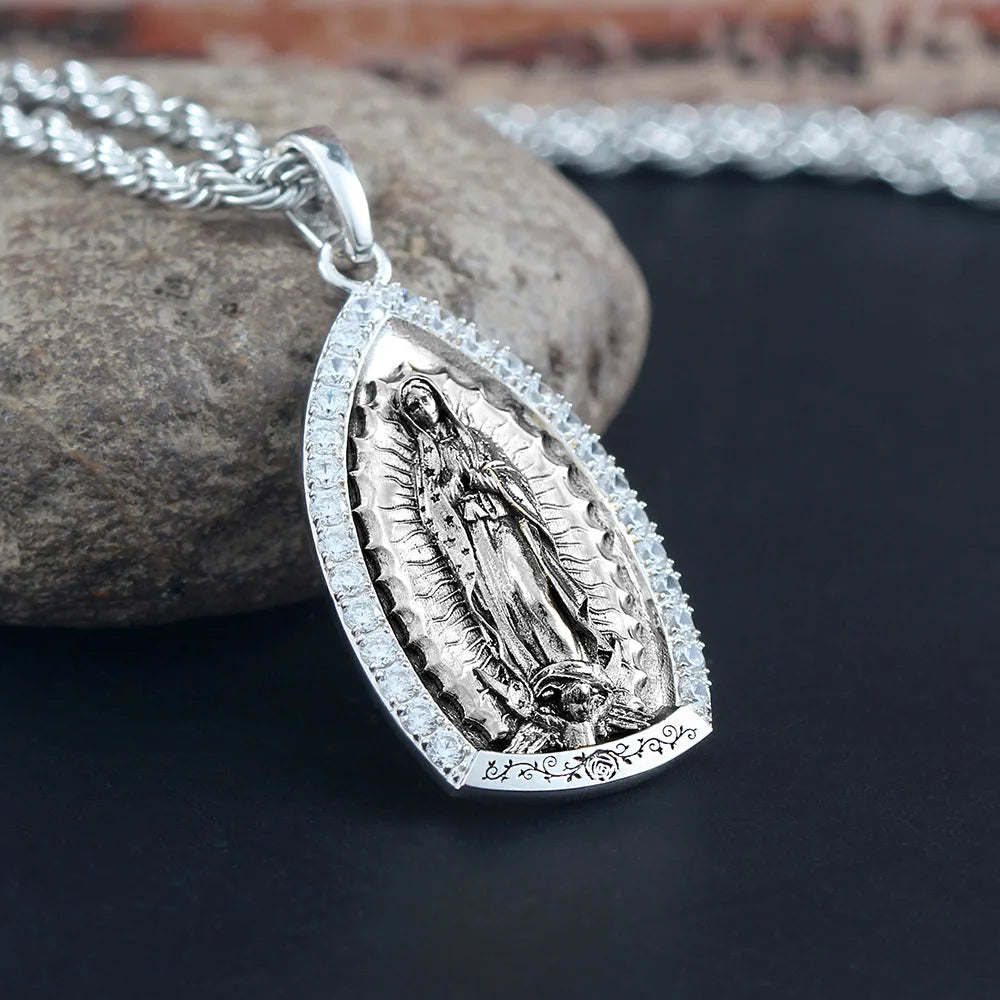 Two-tone Virgin Guadalea Mary Paved Stones 925 Silver Pendant