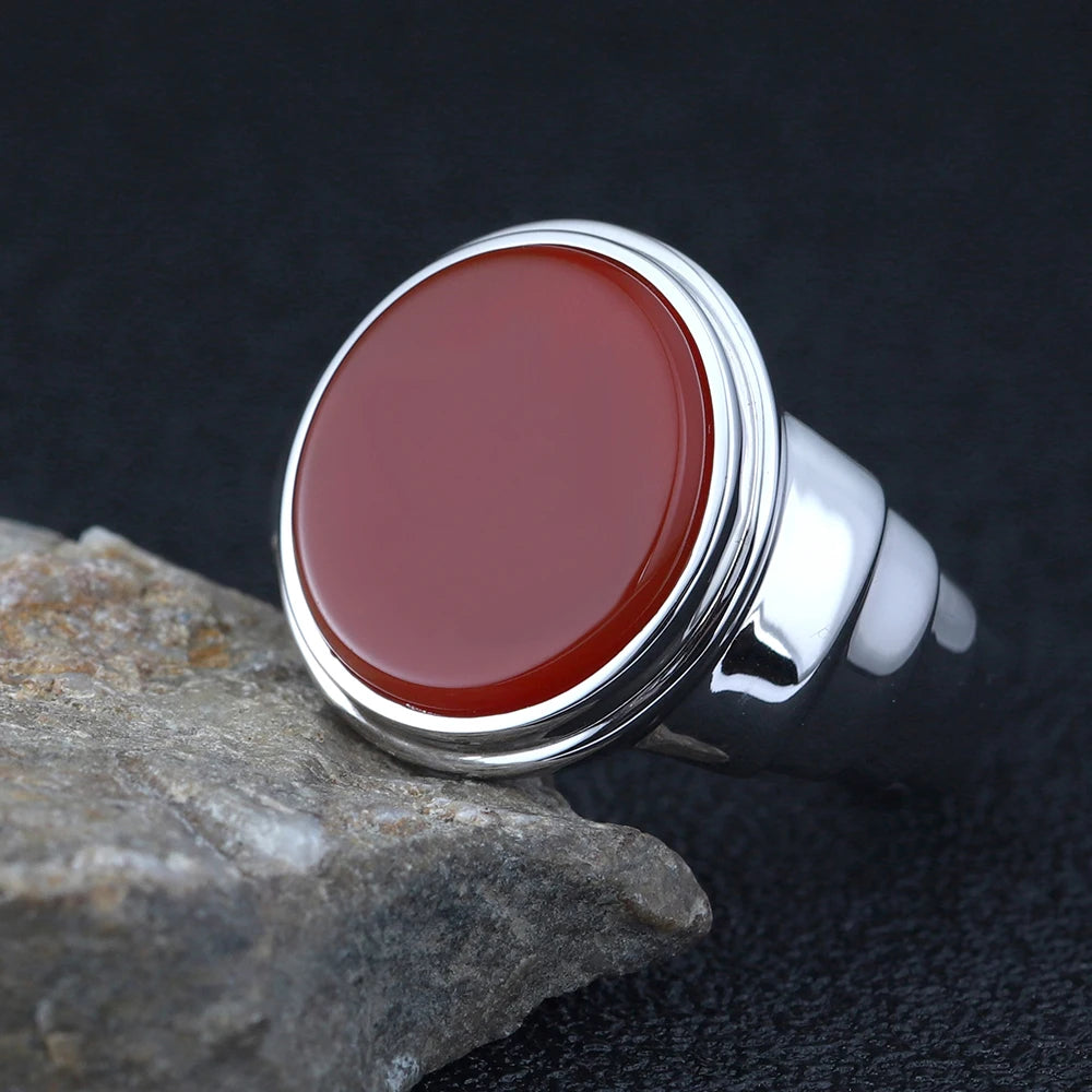 Minimalist Classic Business-men Smooth Red Black Agate Overlapped Ring Silver Ring