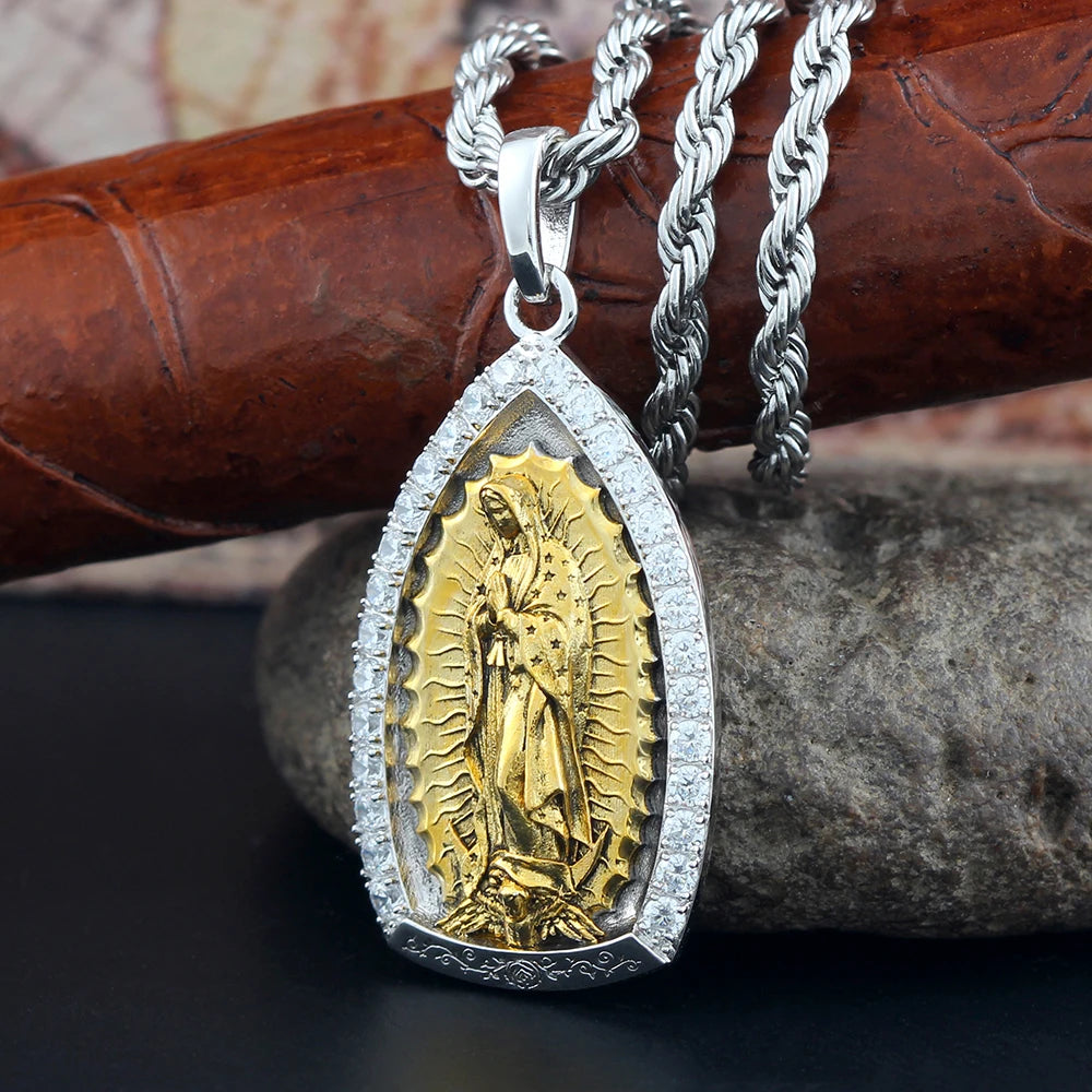 Two-tone Virgin Guadalea Mary Paved Stones 925 Silver Pendant