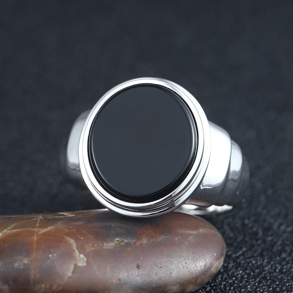 Minimalist Classic Business-men Smooth Red Black Agate Overlapped Ring Silver Ring