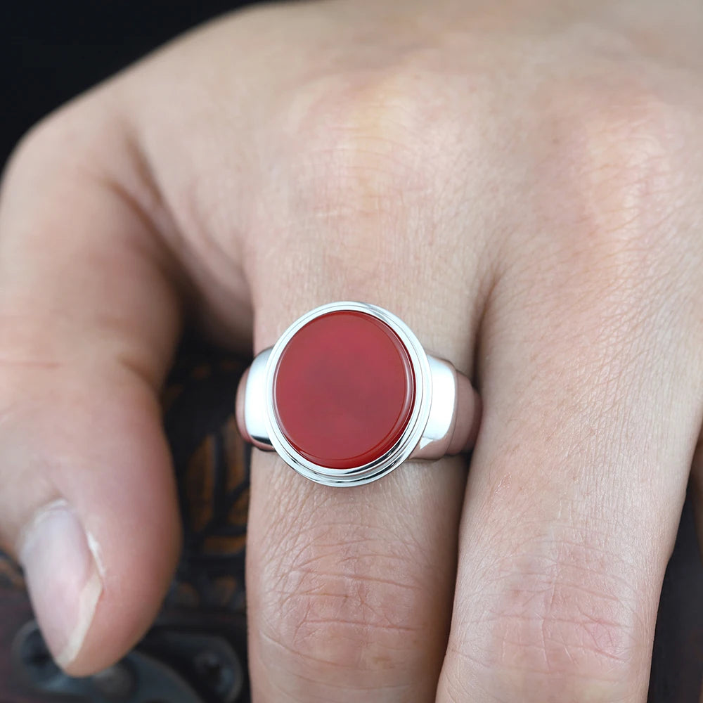 Minimalist Classic Business-men Smooth Red Black Agate Overlapped Ring Silver Ring