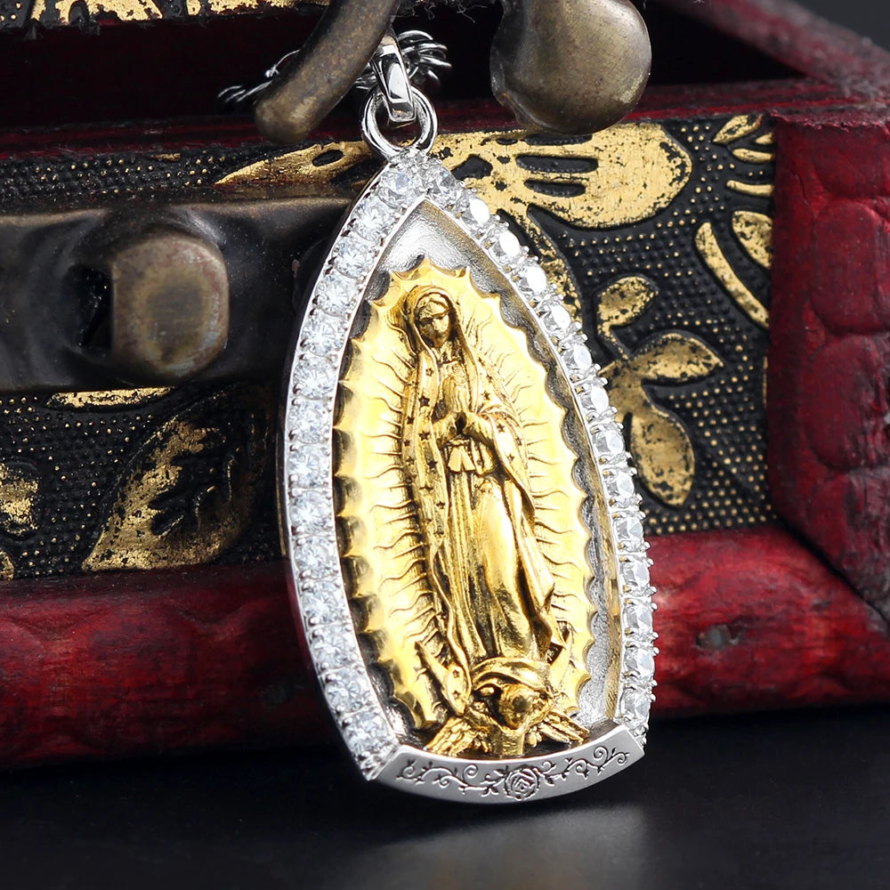 Two-tone Virgin Guadalea Mary Paved Stones 925 Silver Pendant