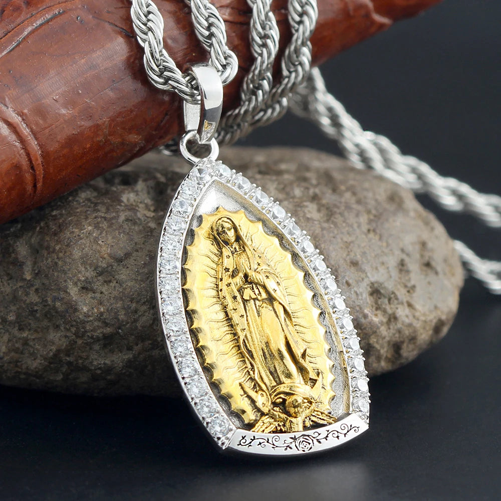 Two-tone Virgin Guadalea Mary Paved Stones 925 Silver Pendant