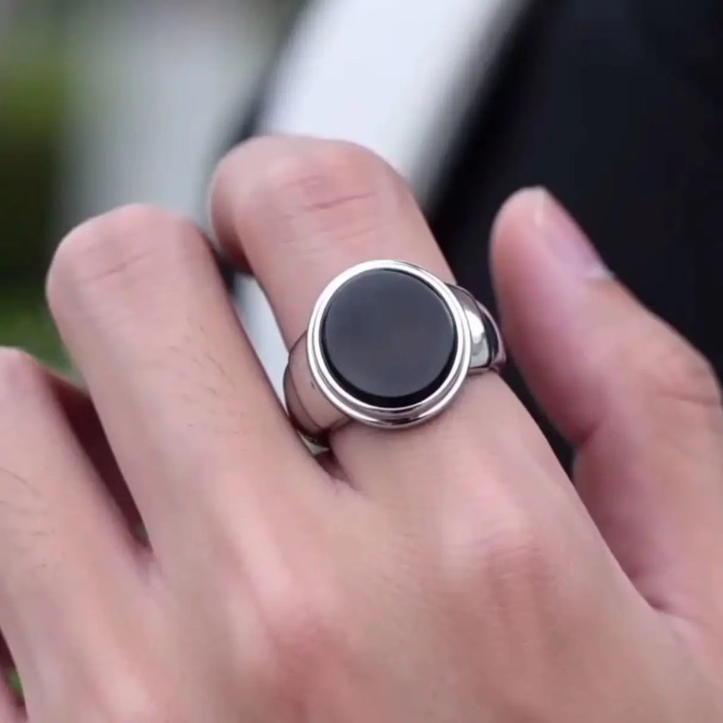 Minimalist Classic Business-men Smooth Red Black Agate Overlapped Ring Silver Ring