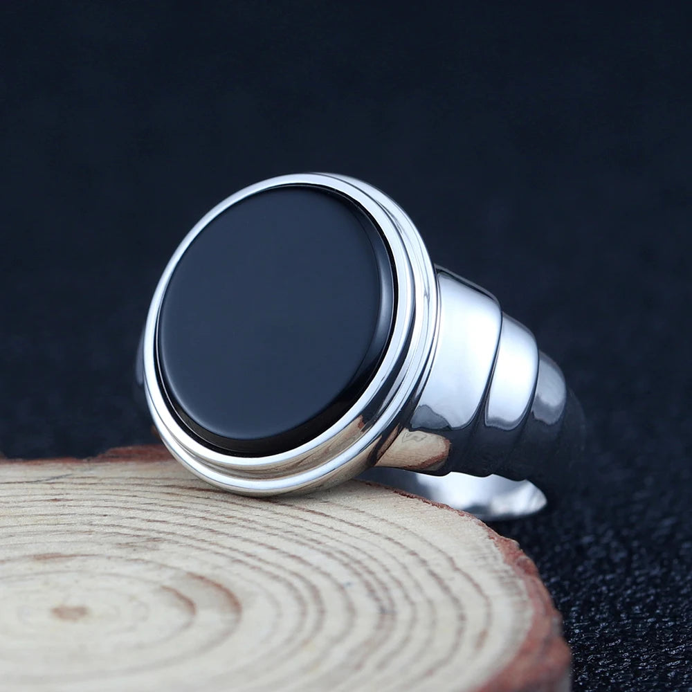 Minimalist Classic Business-men Smooth Red Black Agate Overlapped Ring Silver Ring